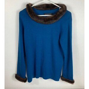 Womens Dialogue Wool Sweater‎ Faux Fur Collar Blue Brown S